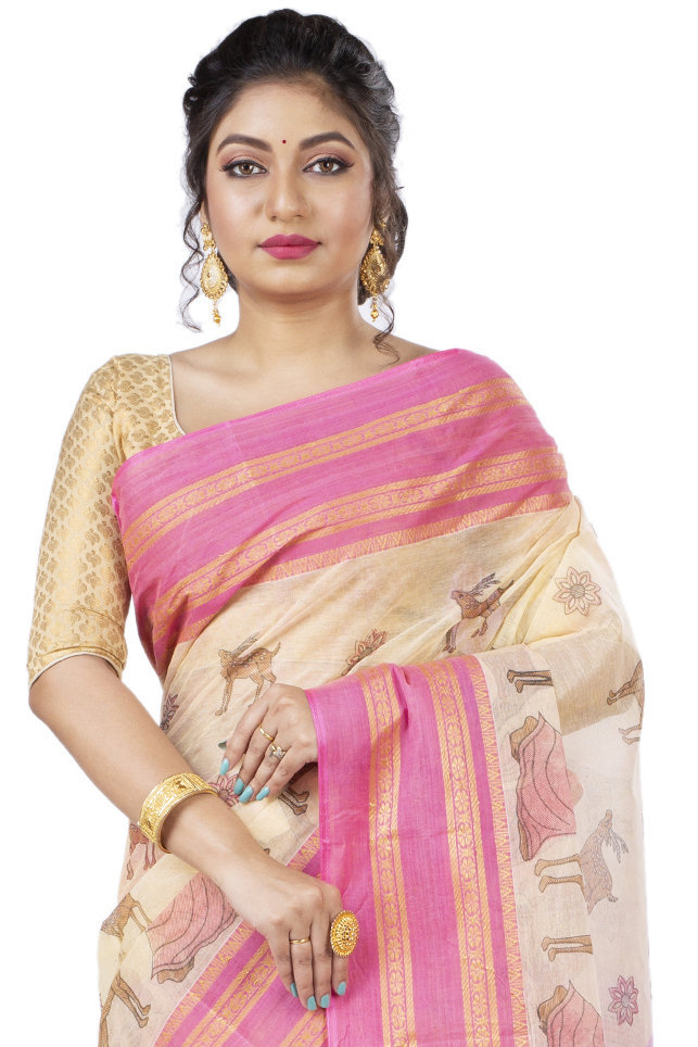 Pink Pure Cotton Sakuntala Tant Saree Print (1855)